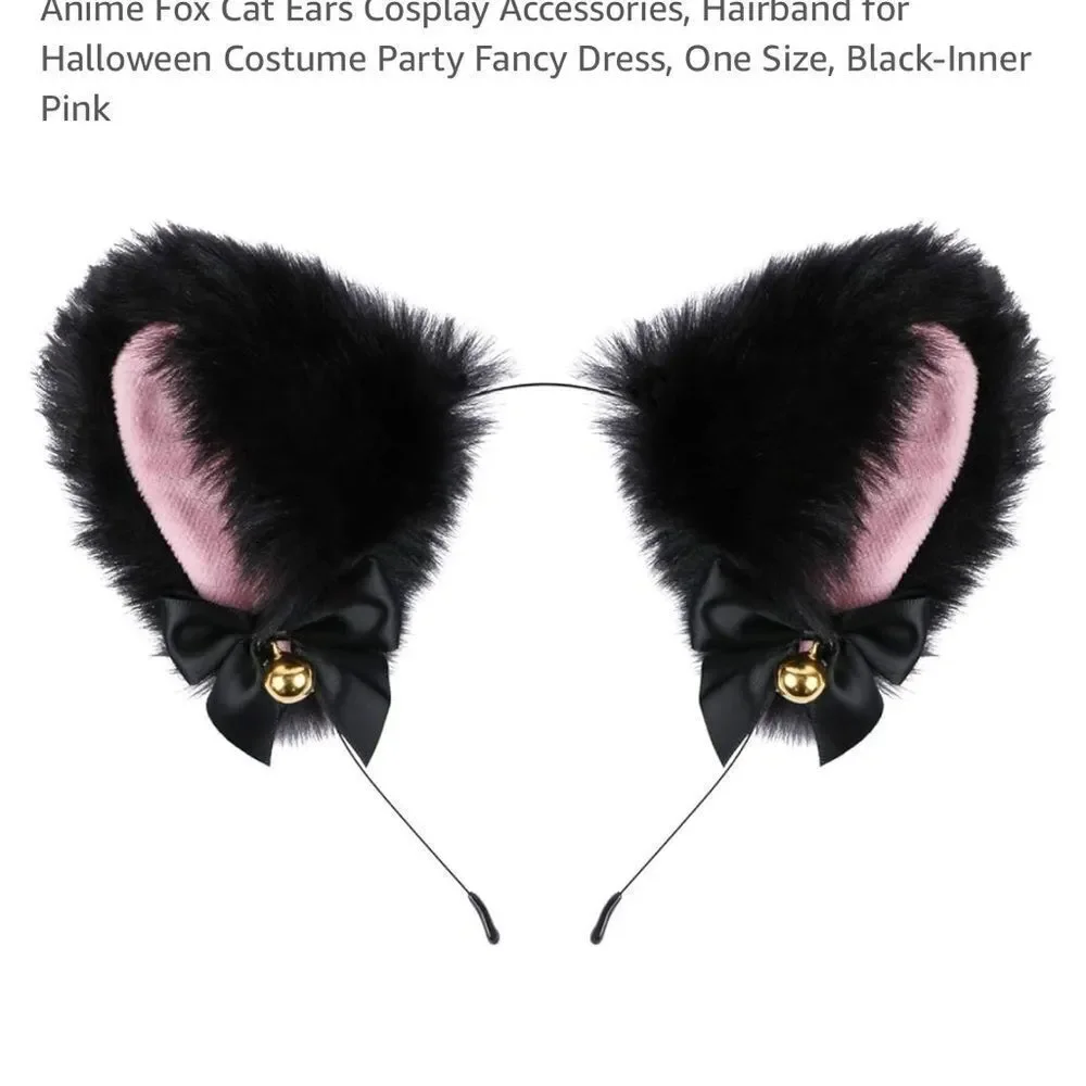 Cat Ears Fox Headband Cosplay Fluffy Ribbon Bell Furry Faux Fur Halloween pink